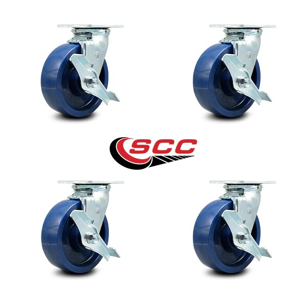 6 Inch Solid Polyurethane Swivel Caster Set With Roller Bearings And Brakes SCC